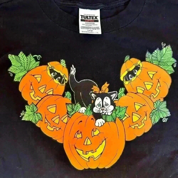 Halloween Black Cat Jack O Lantern Vintage Tultex Short Sleeve Shirt Size L - Picture 2 of 6